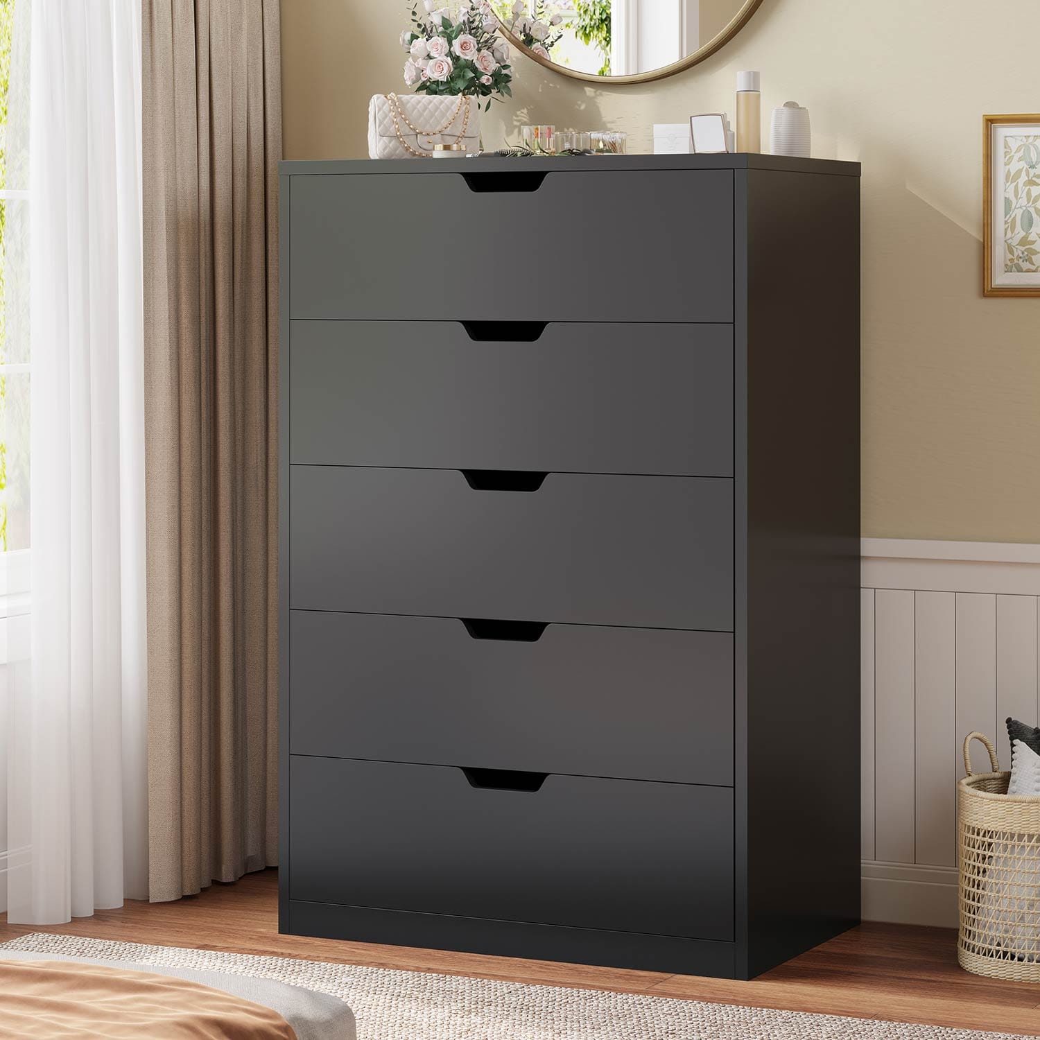 HAUOMS Dresser Black Tall 5 Drawer Dresser, Black