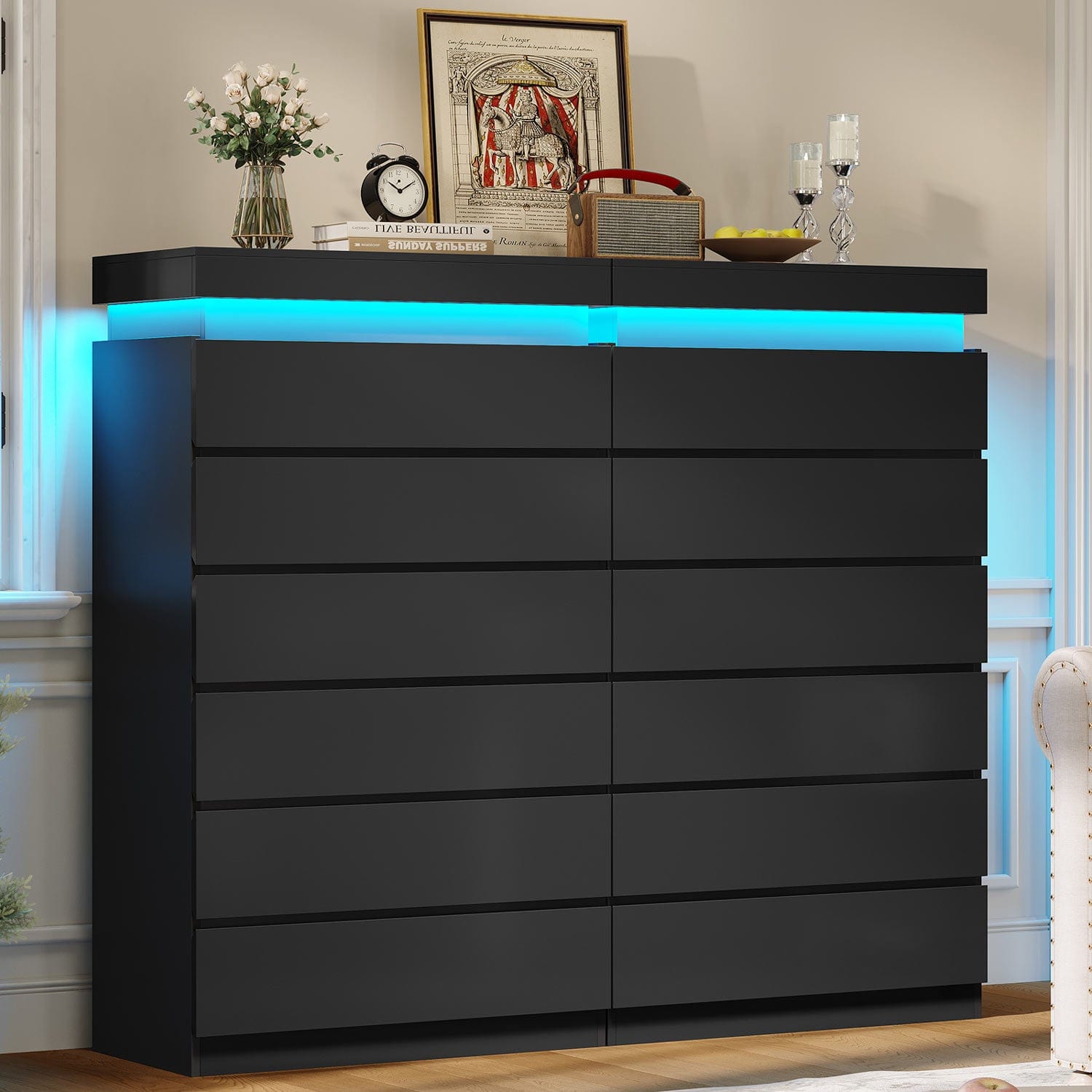 HAUOMS Dresser Black Tall 6 Drawer Dresser with LED Light, Black