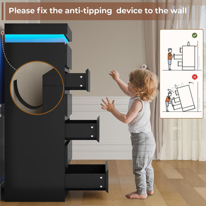 HAUOMS Dresser Black Tall 6 Drawer Dresser with LED Light, Black