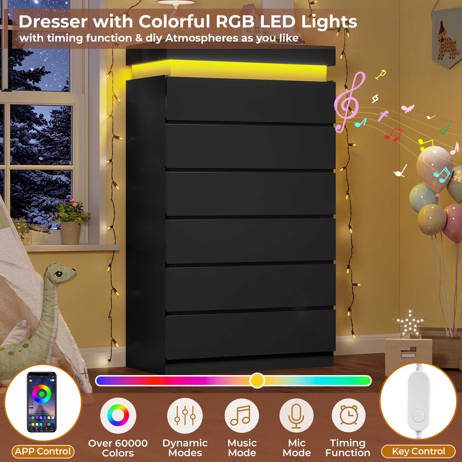 HAUOMS Dresser Black Tall 6 Drawer Dresser with LED Light, Black