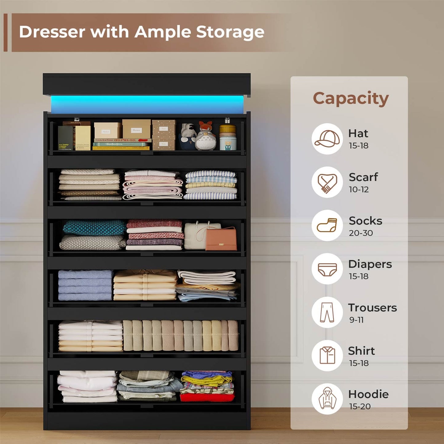 HAUOMS Dresser Black Tall 6 Drawer Dresser with LED Light, Black