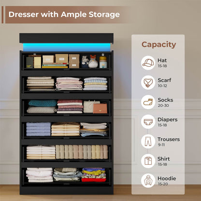 HAUOMS Dresser Black Tall 6 Drawer Dresser with LED Light, Black