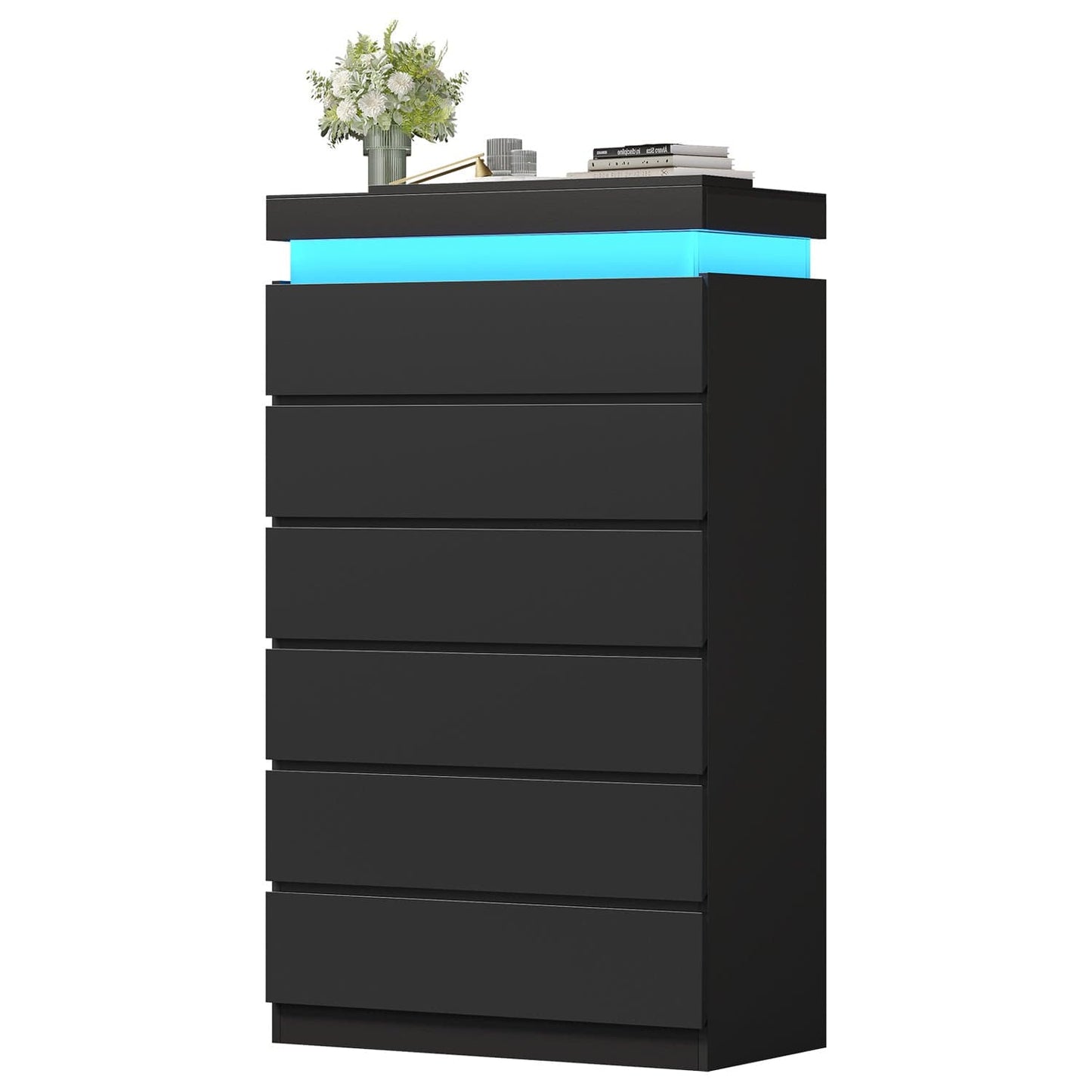 HAUOMS Dresser Black Tall 6 Drawer Dresser with LED Light, Black