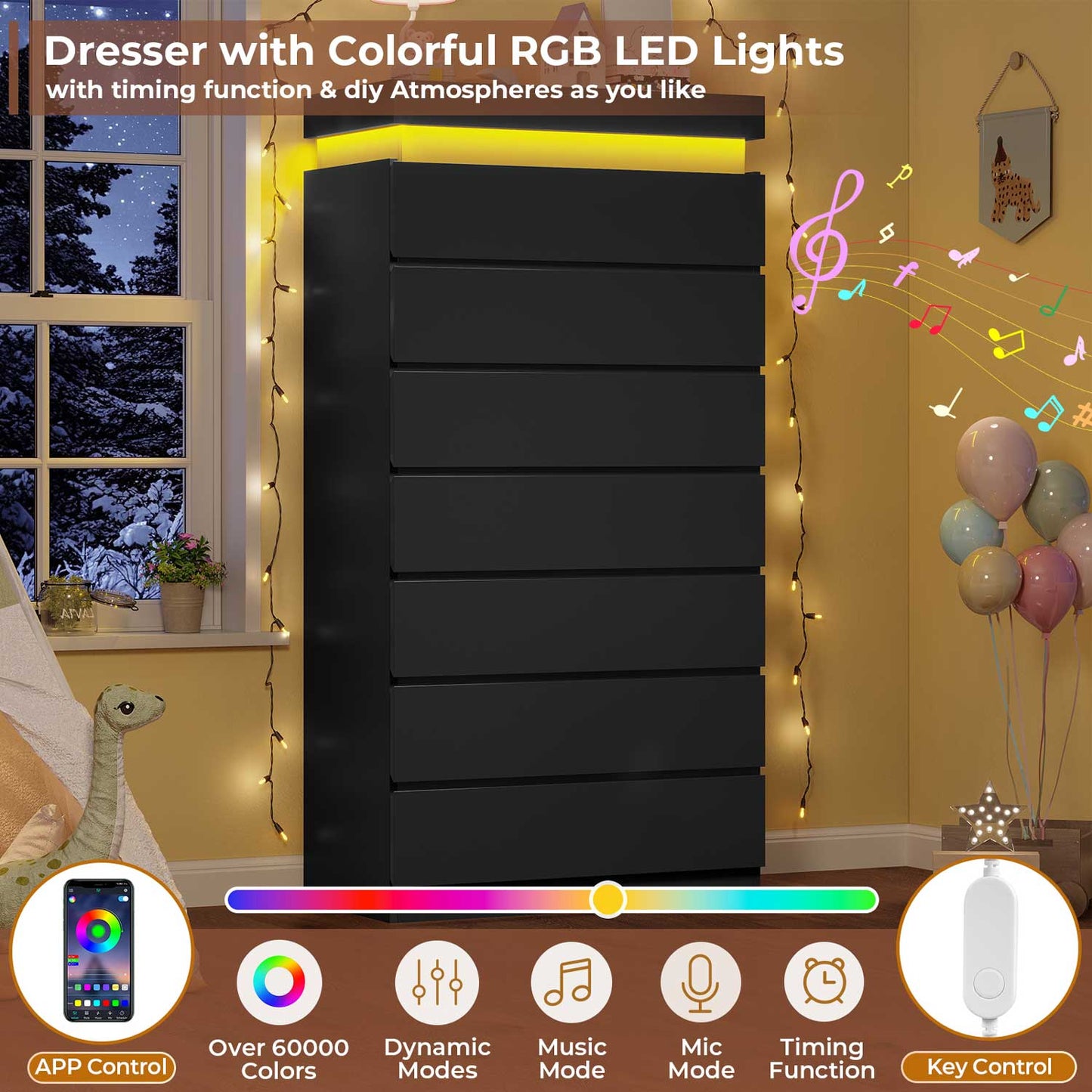 HAUOMS Dresser Black Tall 7 Drawer Dresser with LED Light, Black