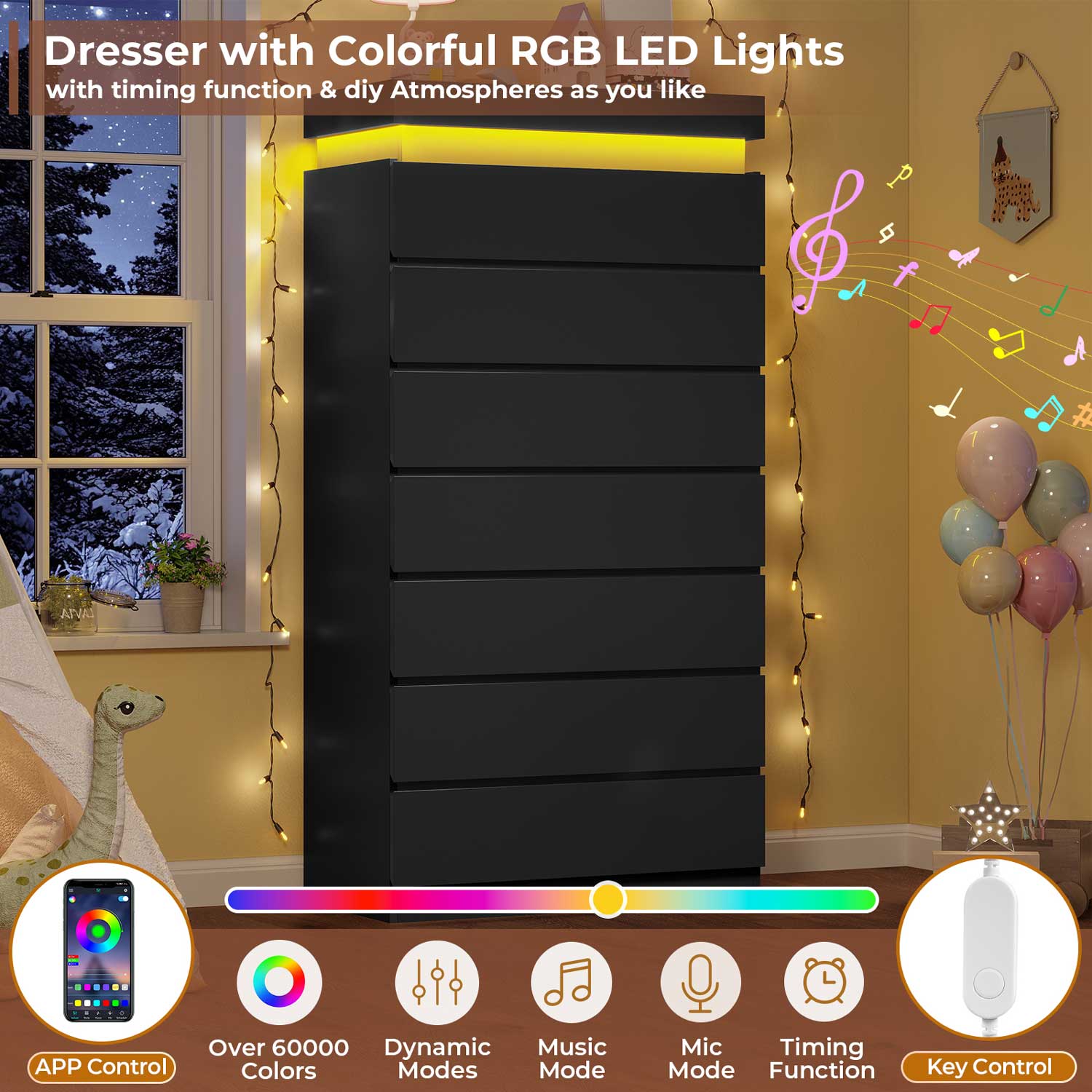 HAUOMS Dresser Black Tall 7 Drawer Dresser with LED Light, Black