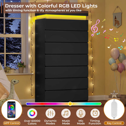 HAUOMS Dresser Black Tall 7 Drawer Dresser with LED Light, Black