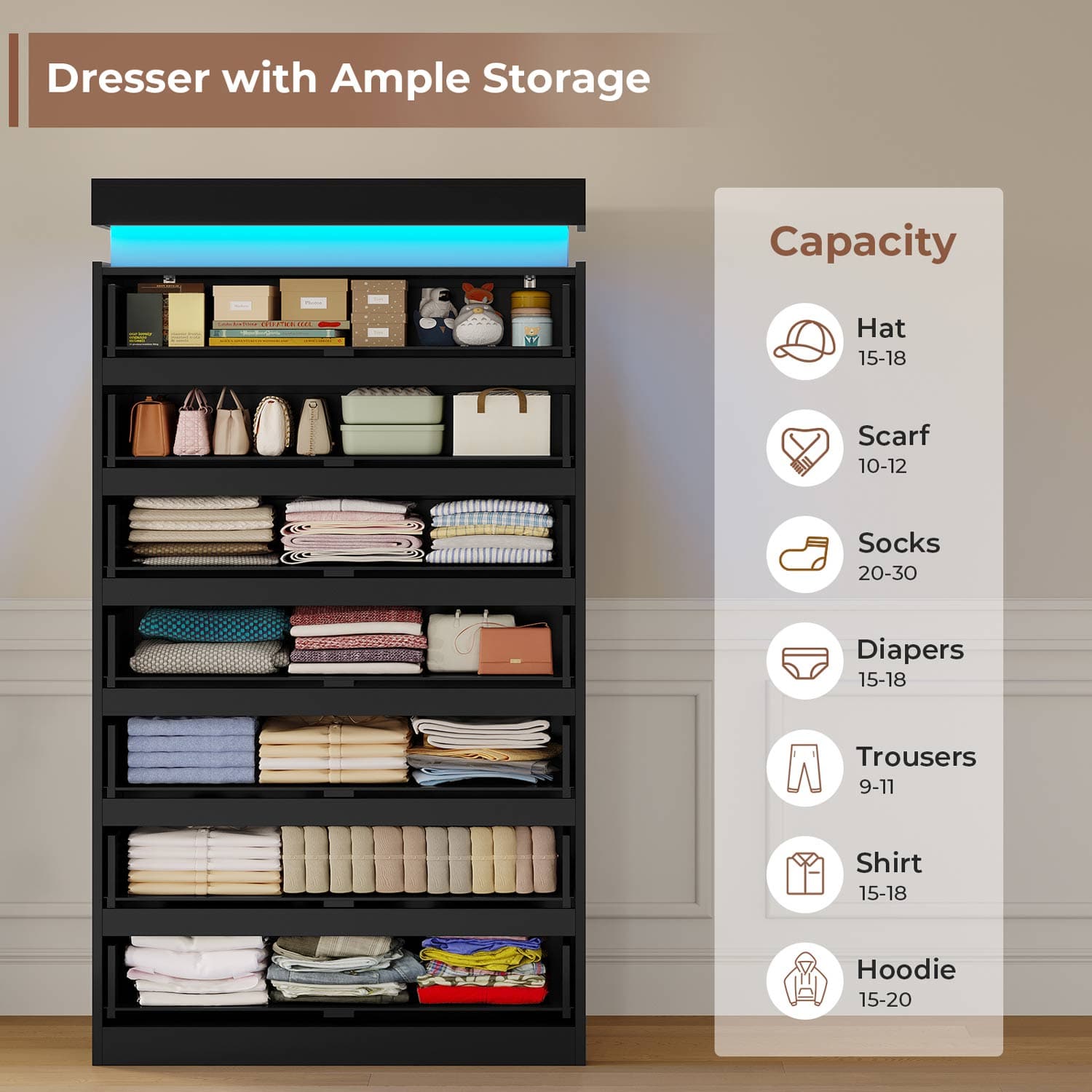 HAUOMS Dresser Black Tall 7 Drawer Dresser with LED Light, Black