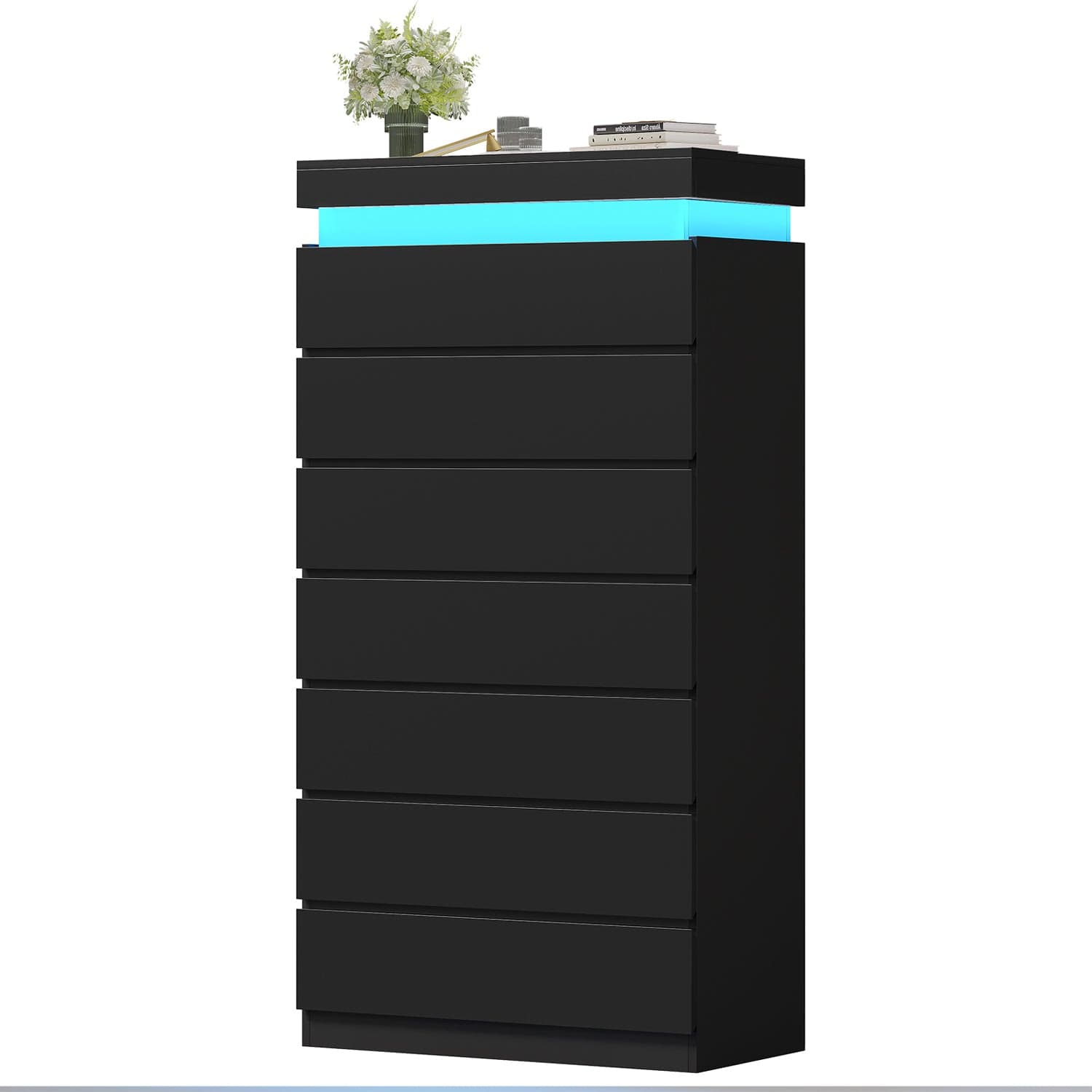 HAUOMS Dresser Black Tall 7 Drawer Dresser with LED Light, Black