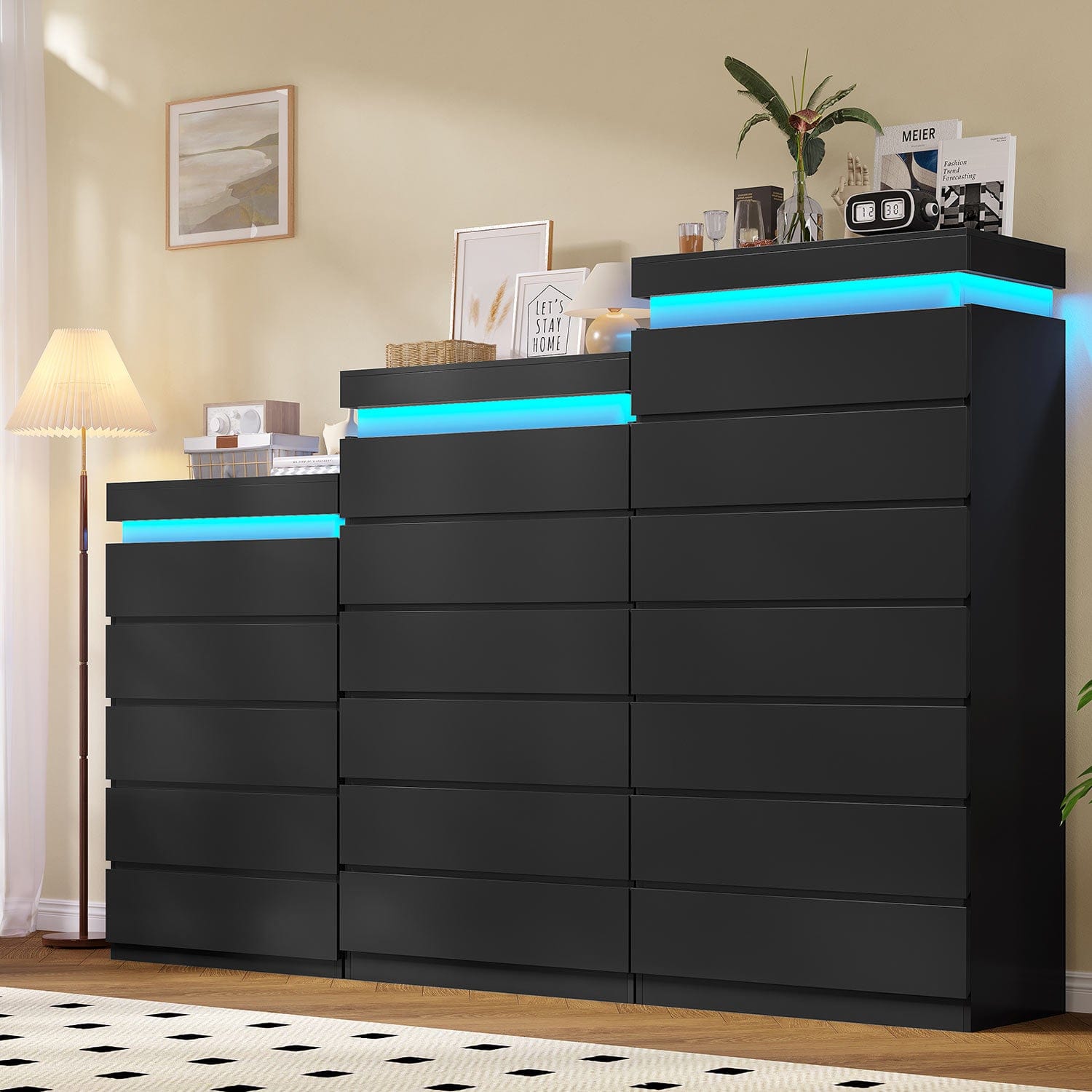 HAUOMS Dresser Black Tall 7 Drawer Dresser with LED Light, Black