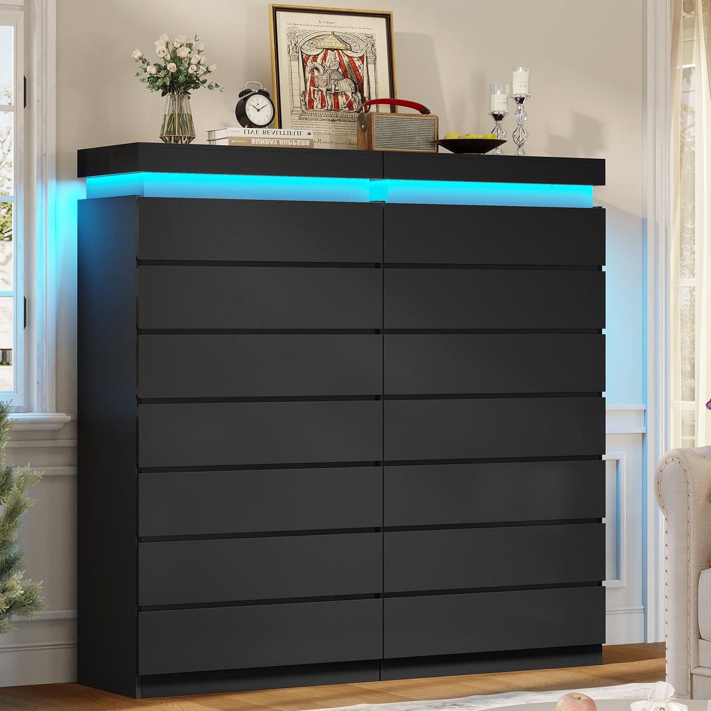 HAUOMS Dresser Black Tall 7 Drawer Dresser with LED Light, Black
