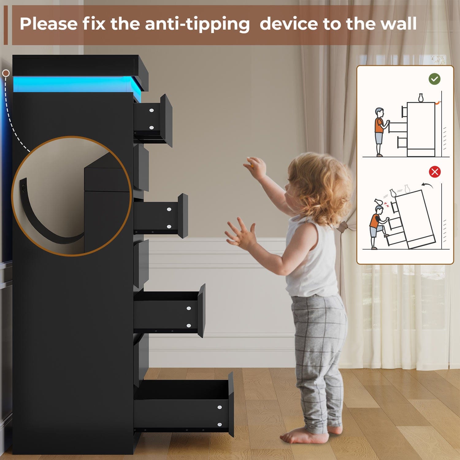 HAUOMS Dresser Black Tall 7 Drawer Dresser with LED Light, Black