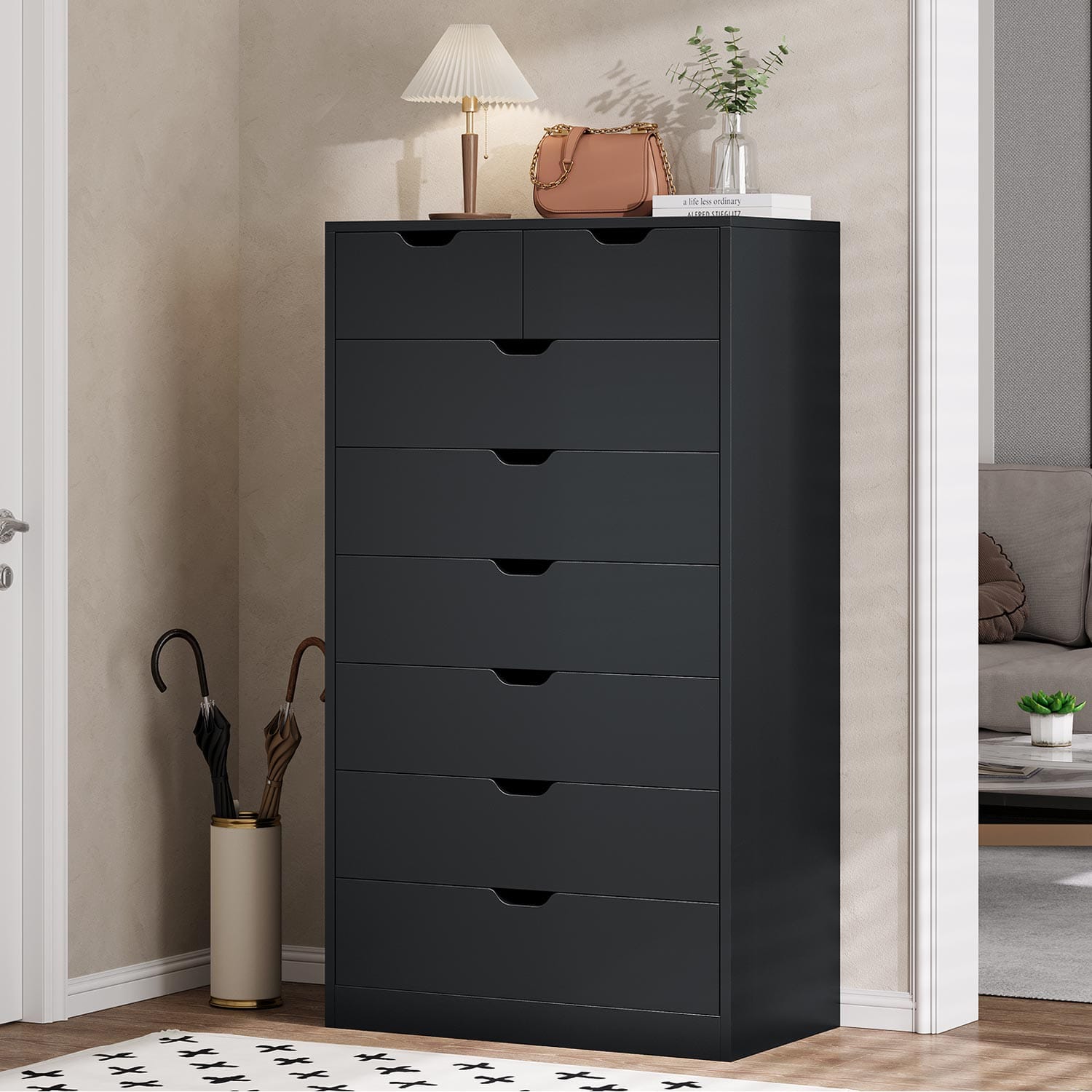 HAUOMS Dresser Black Tall 8 Drawer Black Dresser