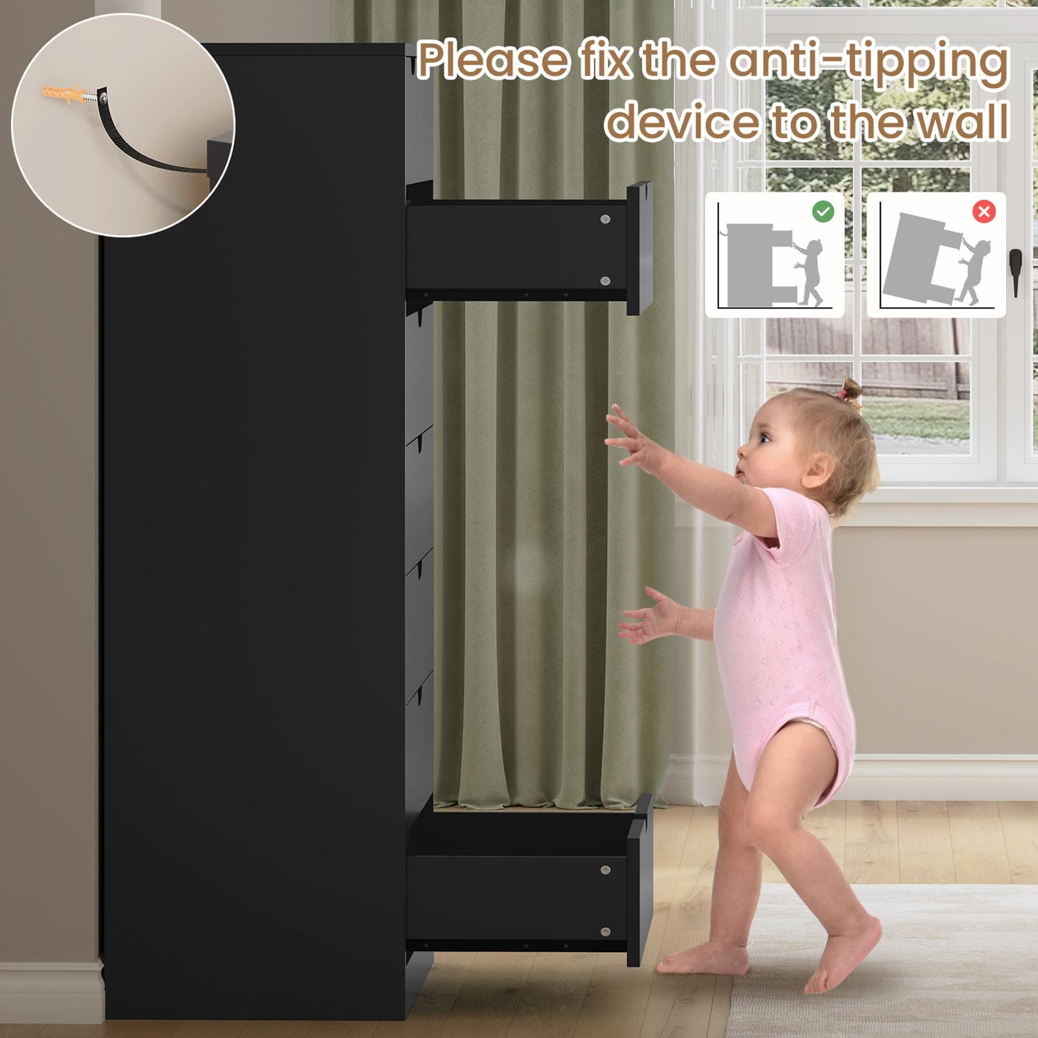 HAUOMS Dresser Black Tall 8 Drawer Black Dresser