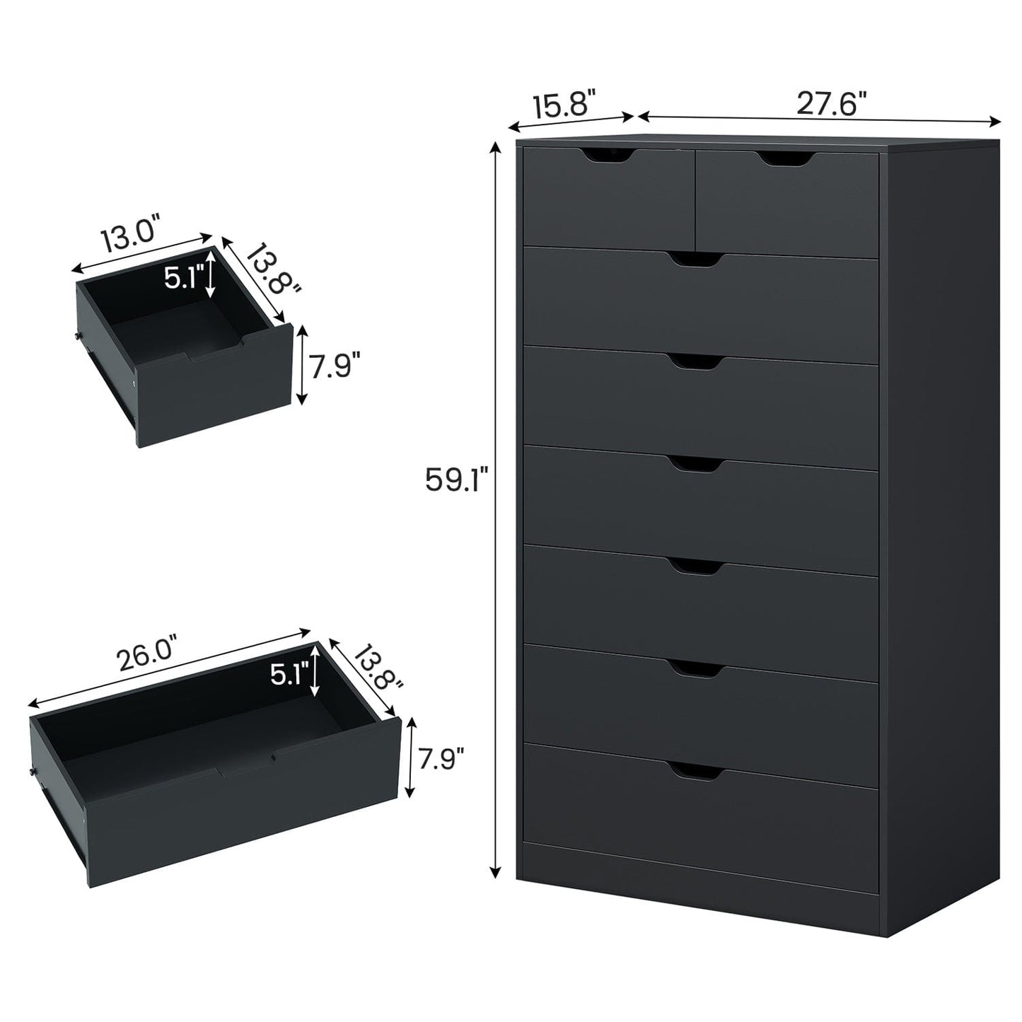 HAUOMS Dresser Black Tall 8 Drawer Black Dresser