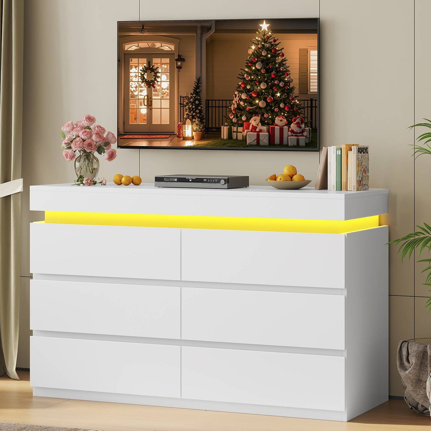 HAUOMS Dresser HAUOMS 31.5" Tall Dresser with 6 Drawer and LED Light Modern Chest Dressers of Drawers for Bedroom Living Room