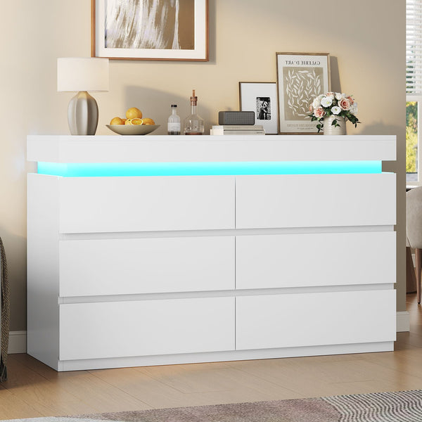 HAUOMS 47.2 Inch Wide Dresser with 6 Drawer and LED Light Modern Chest
