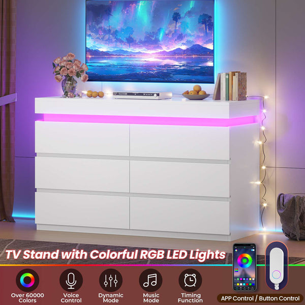 HAUOMS 47.2 Inch Wide Dresser with 6 Drawer and LED Light Modern Chest