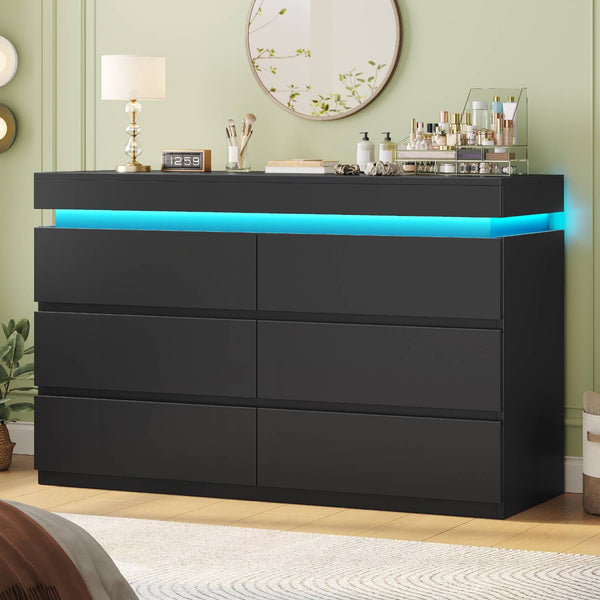 HAUOMS 47.2 Inch Wide Dresser with 6 Drawer and LED Light Modern Chest
