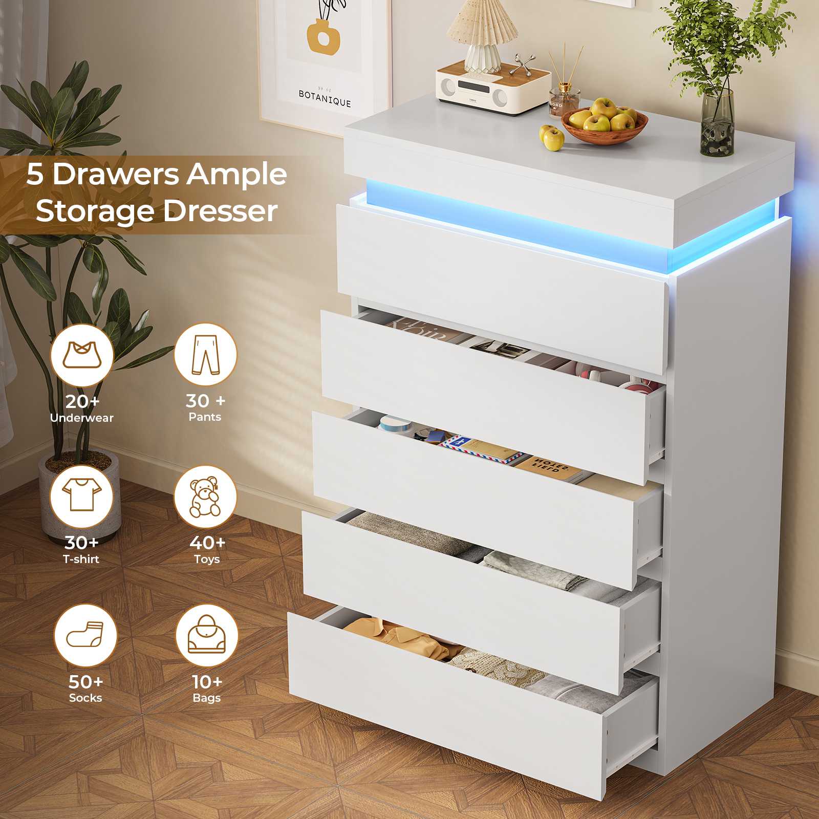 HAUOMS Dresser HAUOMS 44.9" Tall Dresser with 5 Drawers and LED Light Modern Chest of Drawers for Bedroom Living Room Entryway Hallway