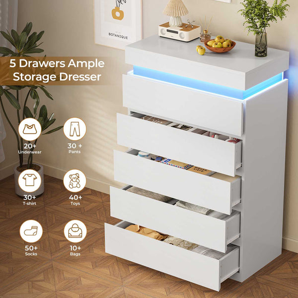 HAUOMS Dresser HAUOMS 44.9" Tall Dresser with 5 Drawers and LED Light Modern Chest of Drawers for Bedroom Living Room Entryway Hallway