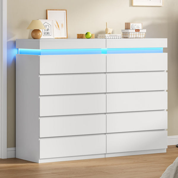 HAUOMS Dresser HAUOMS 44.9" Tall Dresser with 5 Drawers and LED Light Modern Chest of Drawers for Bedroom Living Room Entryway Hallway