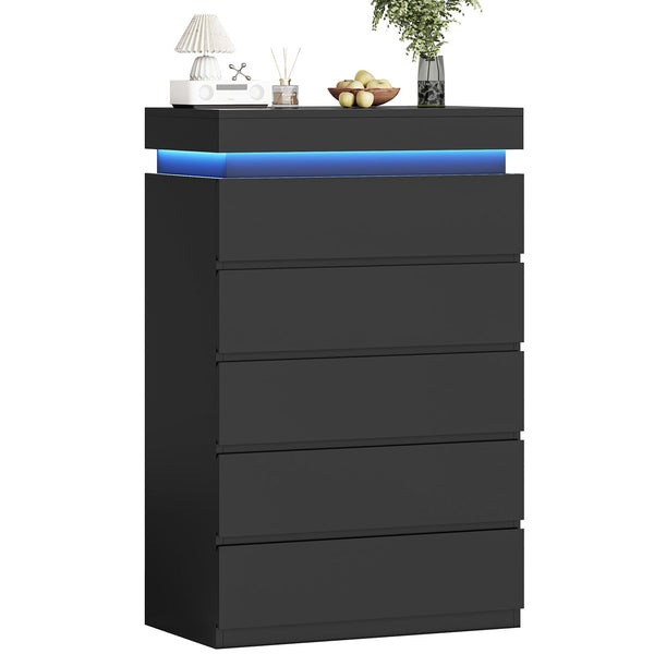 HAUOMS Dresser HAUOMS 44.9" Tall Dresser with 5 Drawers and LED Light Modern Chest of Drawers for Bedroom Living Room Entryway Hallway