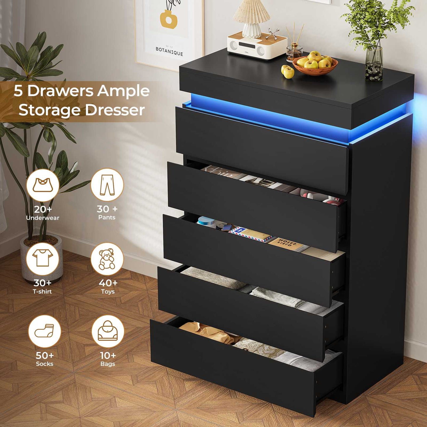 HAUOMS Dresser HAUOMS 44.9" Tall Dresser with 5 Drawers and LED Light Modern Chest of Drawers for Bedroom Living Room Entryway Hallway