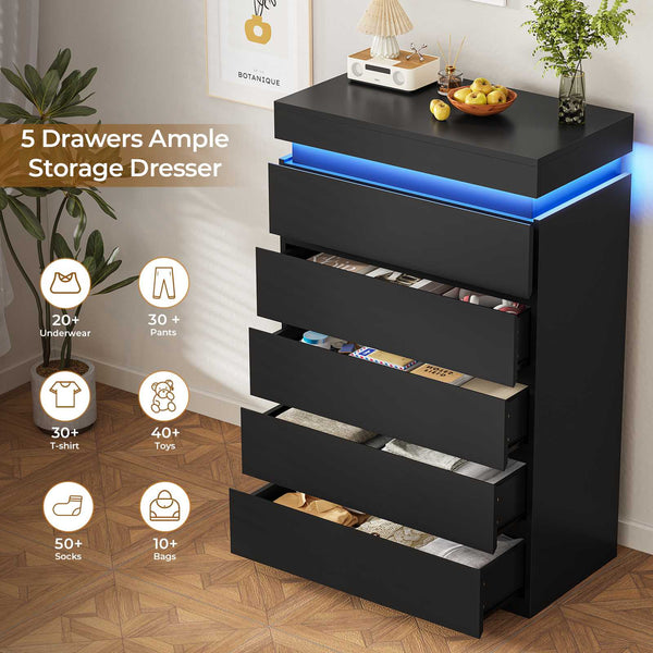 HAUOMS Dresser HAUOMS 44.9" Tall Dresser with 5 Drawers and LED Light Modern Chest of Drawers for Bedroom Living Room Entryway Hallway