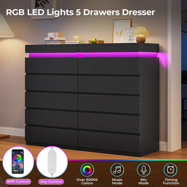 HAUOMS Dresser HAUOMS 44.9" Tall Dresser with 5 Drawers and LED Light Modern Chest of Drawers for Bedroom Living Room Entryway Hallway