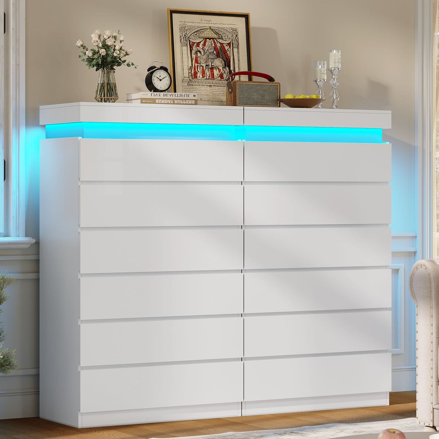 HAUOMS Dresser HAUOMS 52.6" Tall Dresser with 6 Drawers and LED Lights Modern Chest of Drawers for Bedroom Living Room