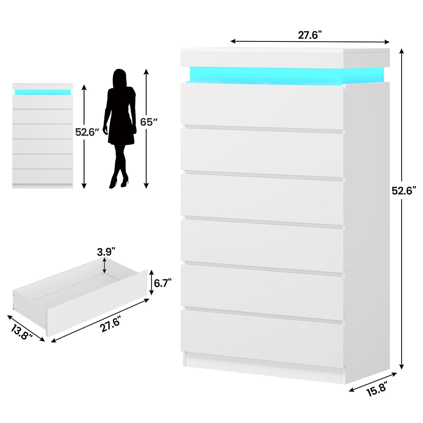 HAUOMS Dresser HAUOMS 52.6" Tall Dresser with 6 Drawers and LED Lights Modern Chest of Drawers for Bedroom Living Room