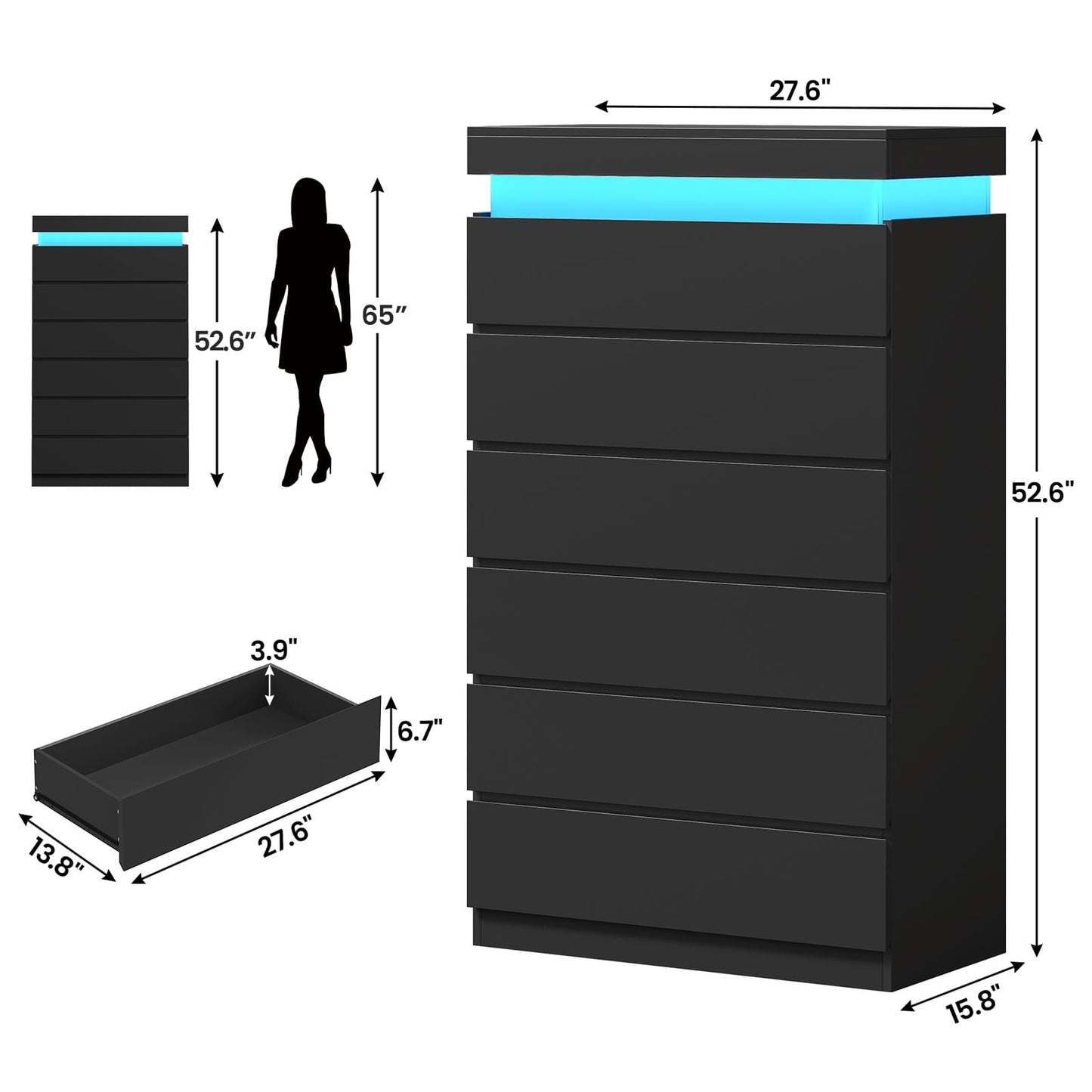 HAUOMS Dresser HAUOMS 52.6" Tall Dresser with 6 Drawers and LED Lights Modern Chest of Drawers for Bedroom Living Room