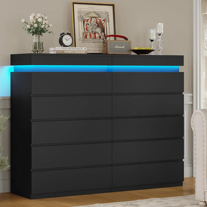 HAUOMS Dresser Tall 5 Drawers Dresser with LED Light Black