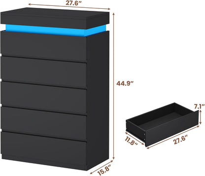 HAUOMS Dresser Tall 5 Drawers Dresser with LED Light Black