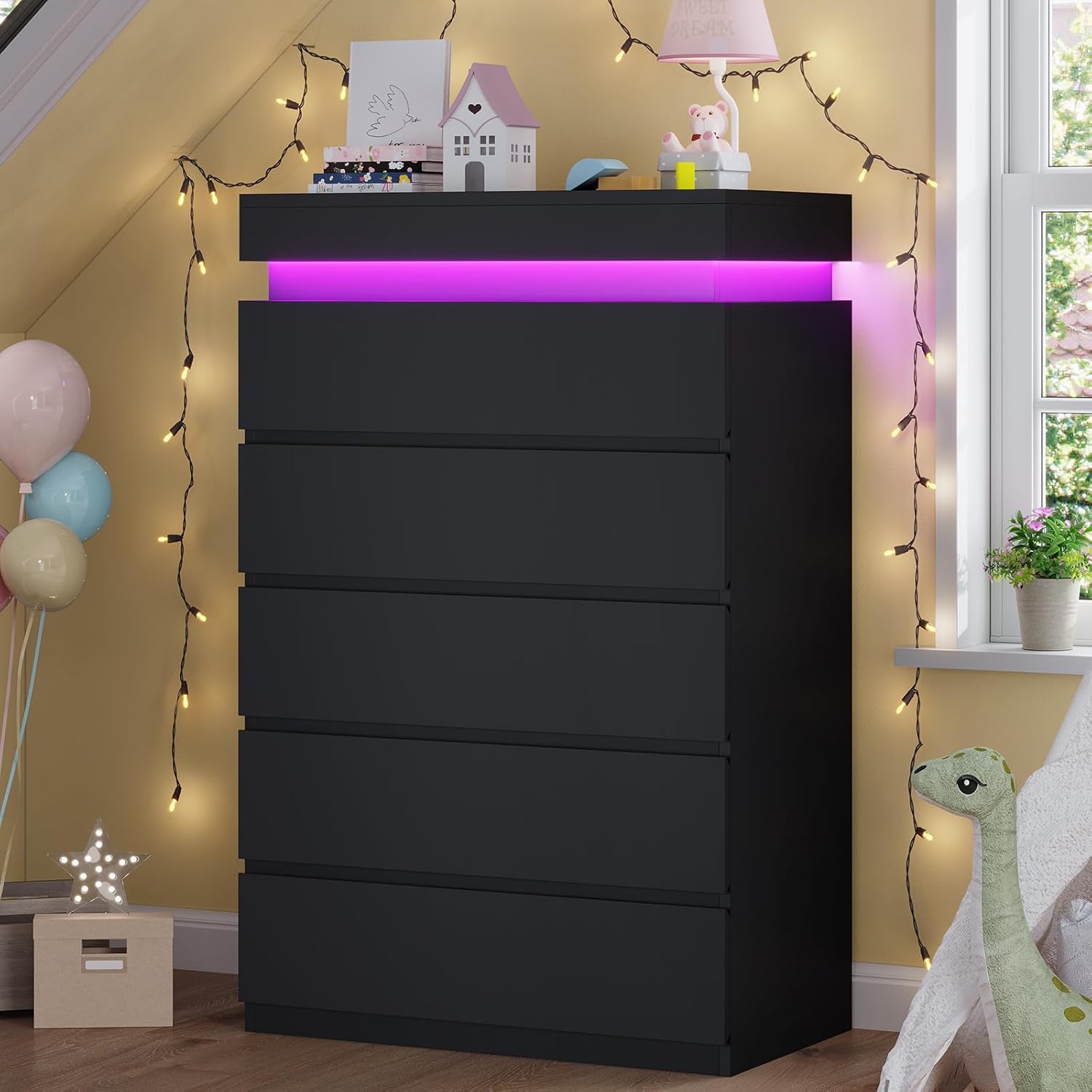 HAUOMS Dresser Tall 5 Drawers Dresser with LED Light Black