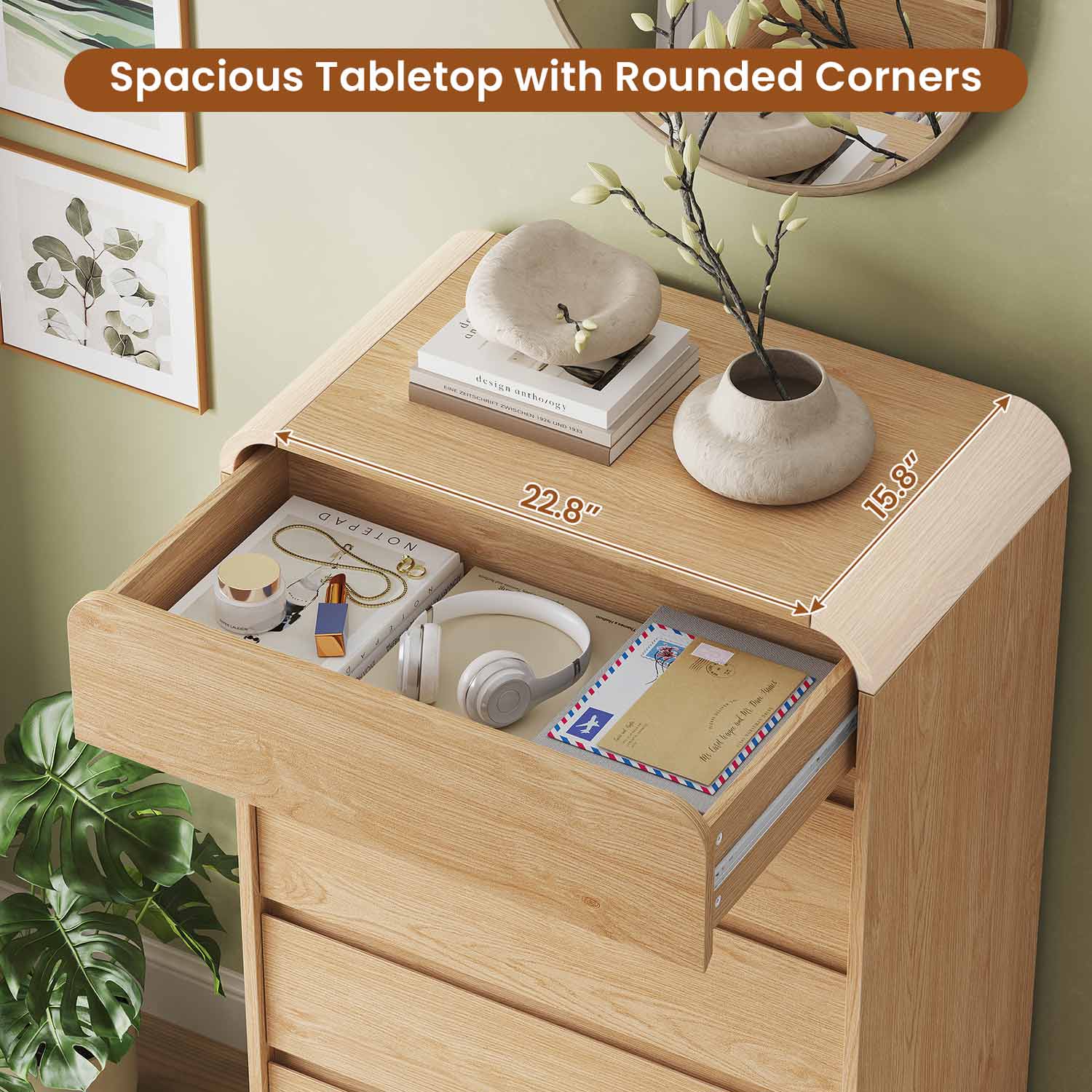 HAUOMS Dresser Tall 5 Drawers Vertical Dressers & Chests of Drawers, Natural Oak