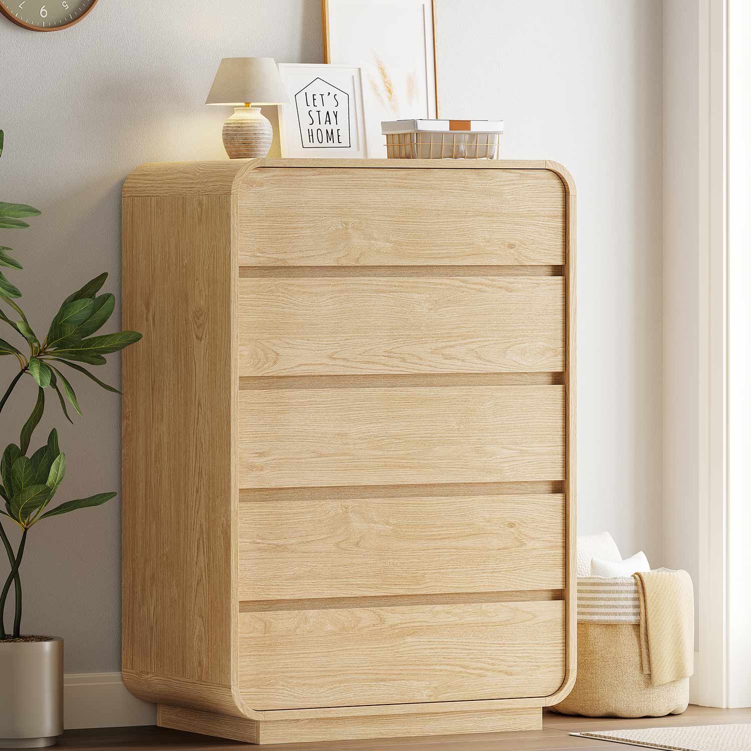 HAUOMS Dresser Tall 5 Drawers Vertical Dressers & Chests of Drawers, Natural Oak