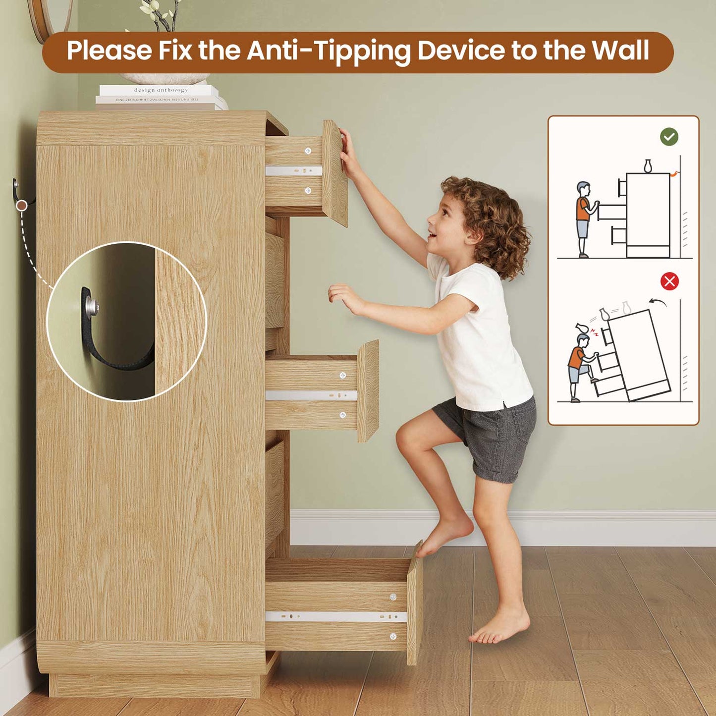 HAUOMS Dresser Tall 5 Drawers Vertical Dressers & Chests of Drawers, Natural Oak