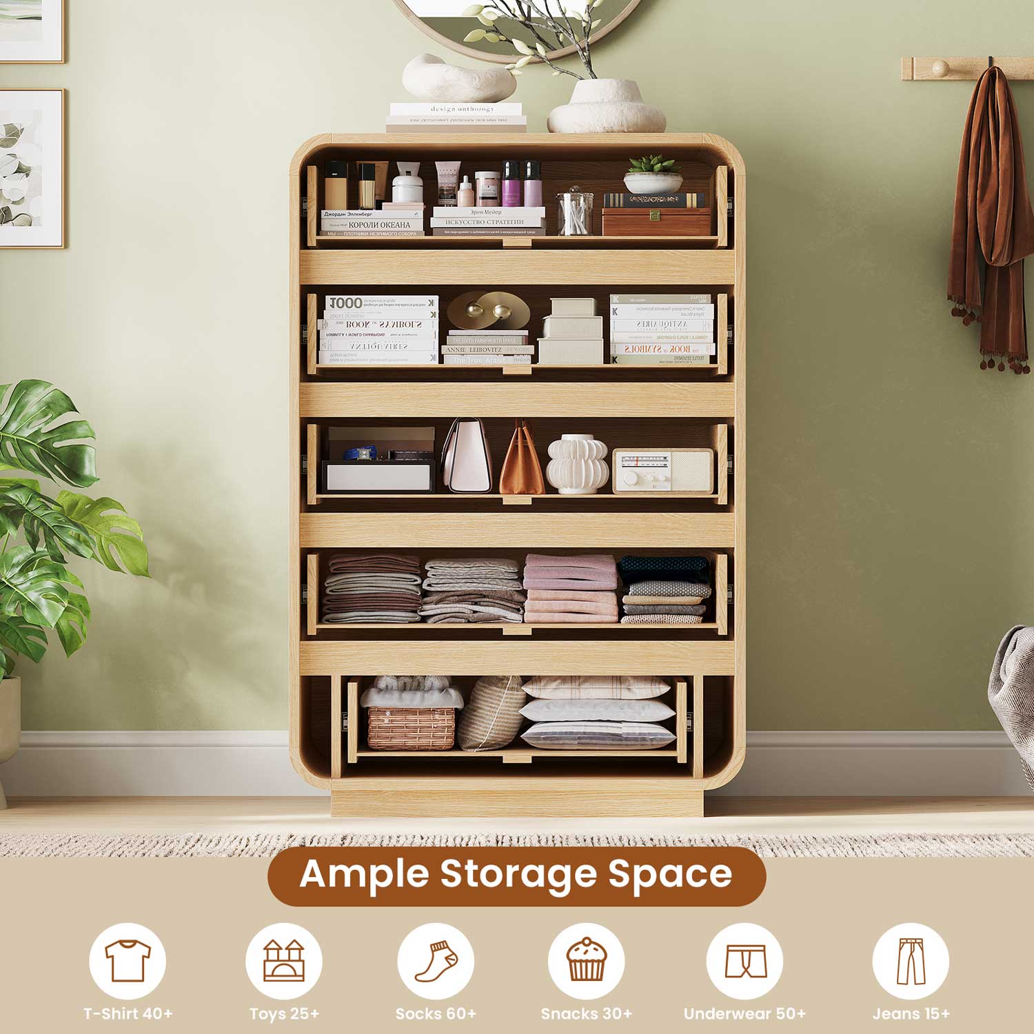 HAUOMS Dresser Tall 5 Drawers Vertical Dressers & Chests of Drawers, Natural Oak