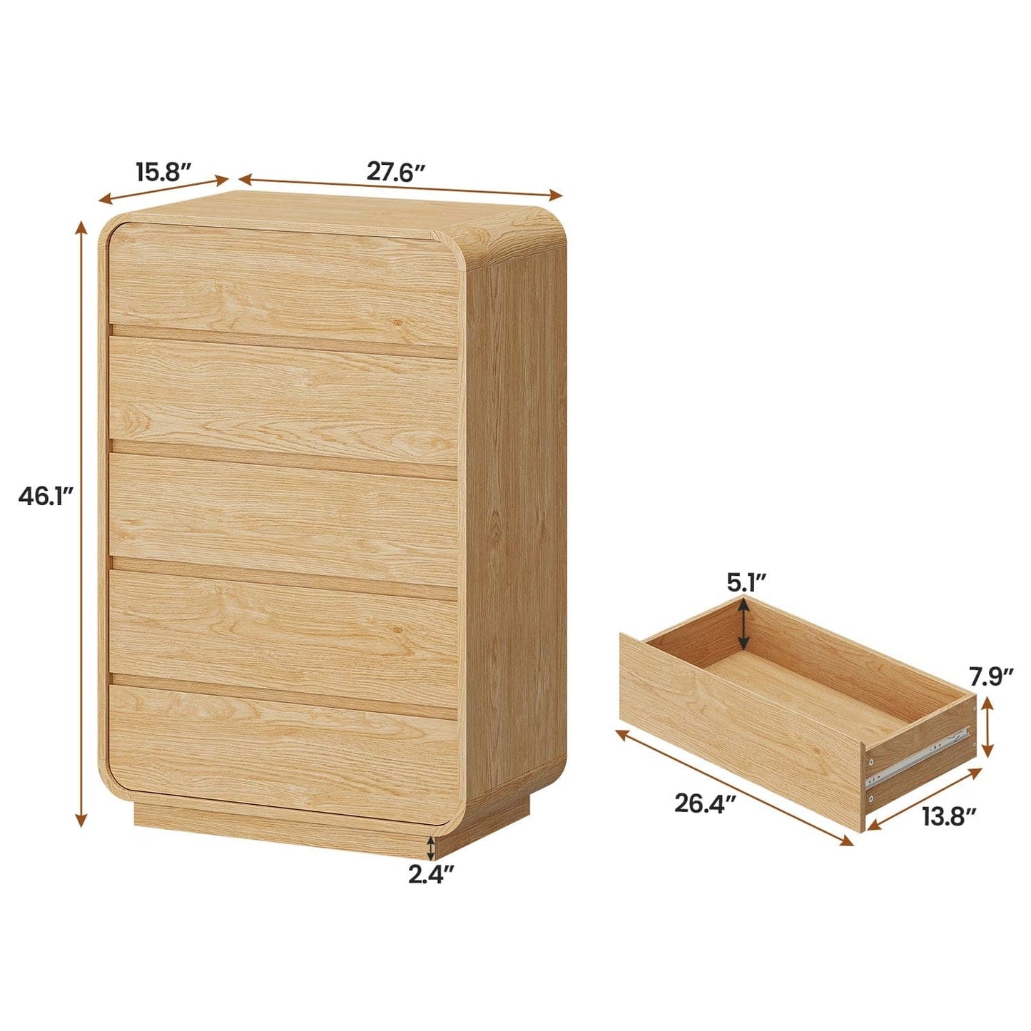 HAUOMS Dresser Tall 5 Drawers Vertical Dressers & Chests of Drawers, Natural Oak