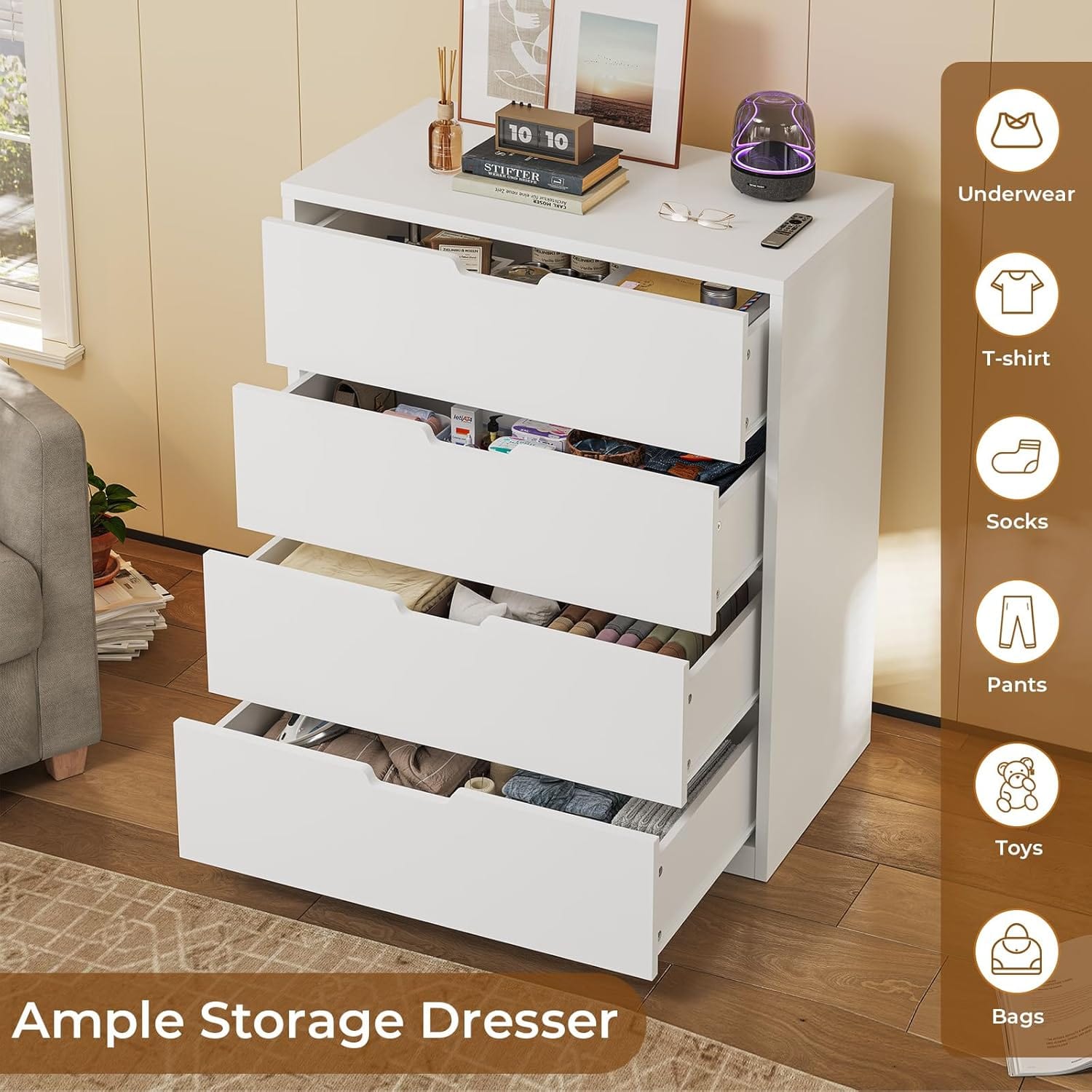 HAUOMS Dresser White 4 Drawers Dresser White