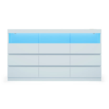 HAUOMS Dresser White / Engineered Wood / Modern LED 9 Drawers Dresser White