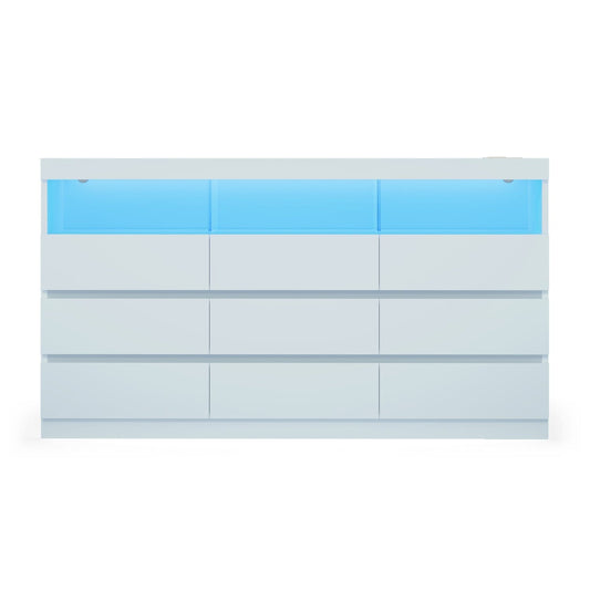 HAUOMS Dresser White / Engineered Wood / Modern LED 9 Drawers Dresser White