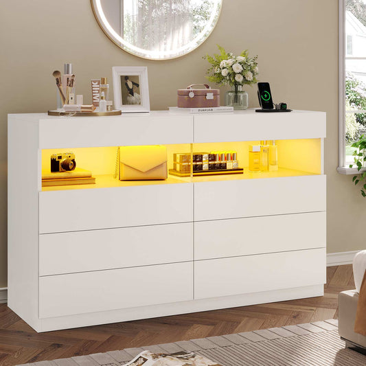 Hauoms Dresser White / Engineered Wood / Modern LED Dresser 6 Drawers White