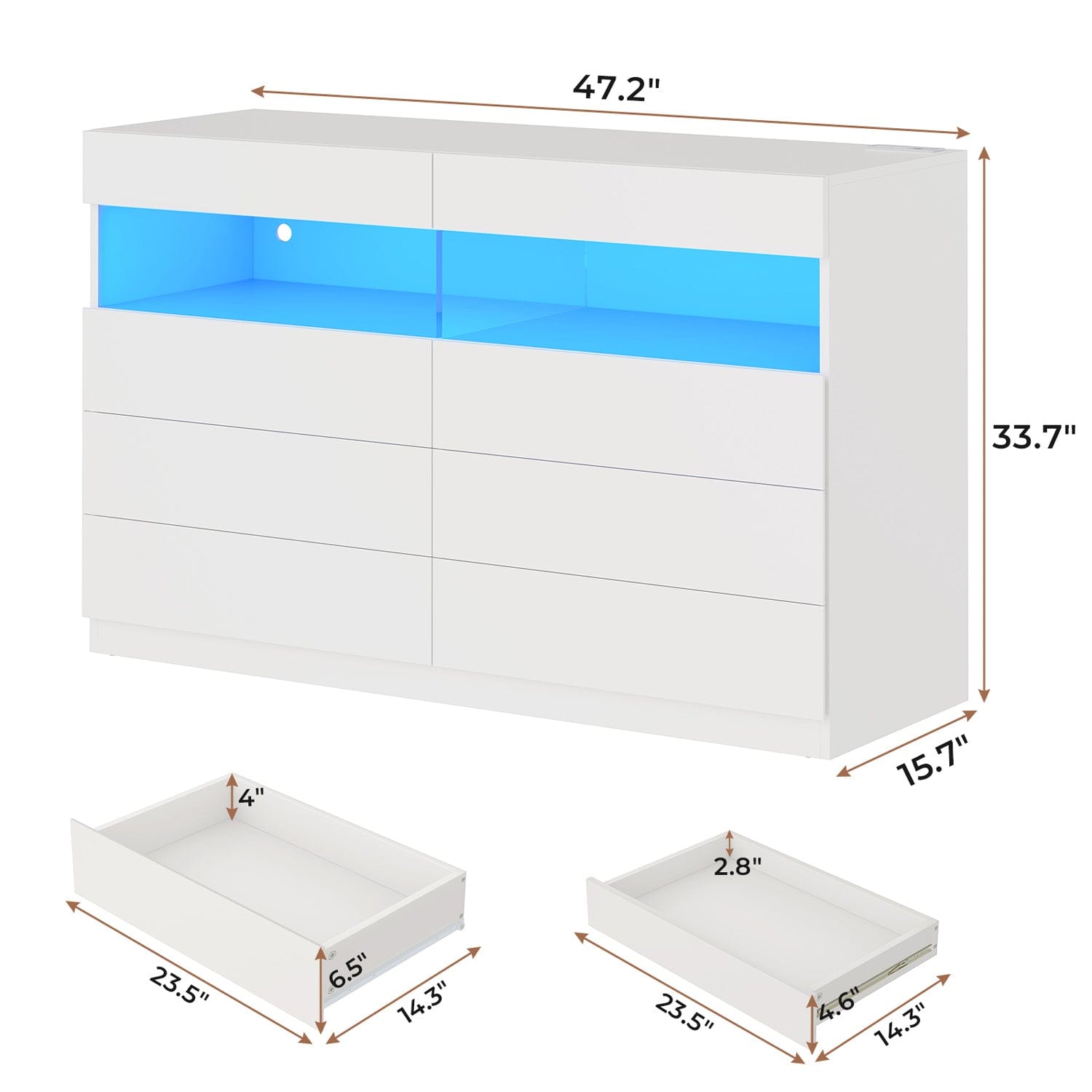 Hauoms Dresser White / Engineered Wood / Modern LED Dresser 6 Drawers White