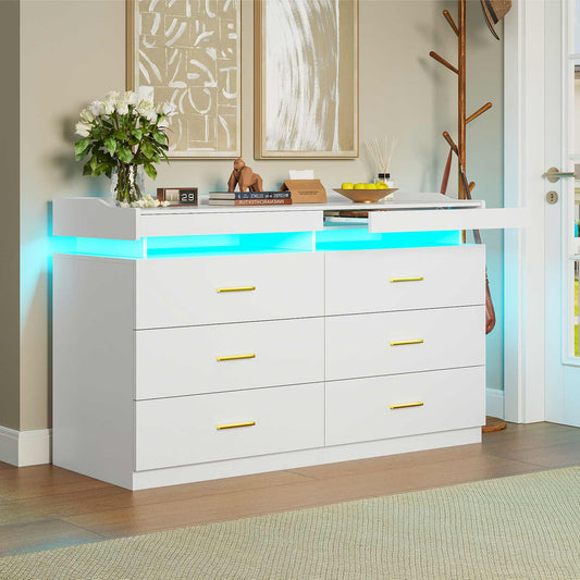 Hauoms Dresser White / Engineered Wood / Modern LED Dresser with 6 Drawers White