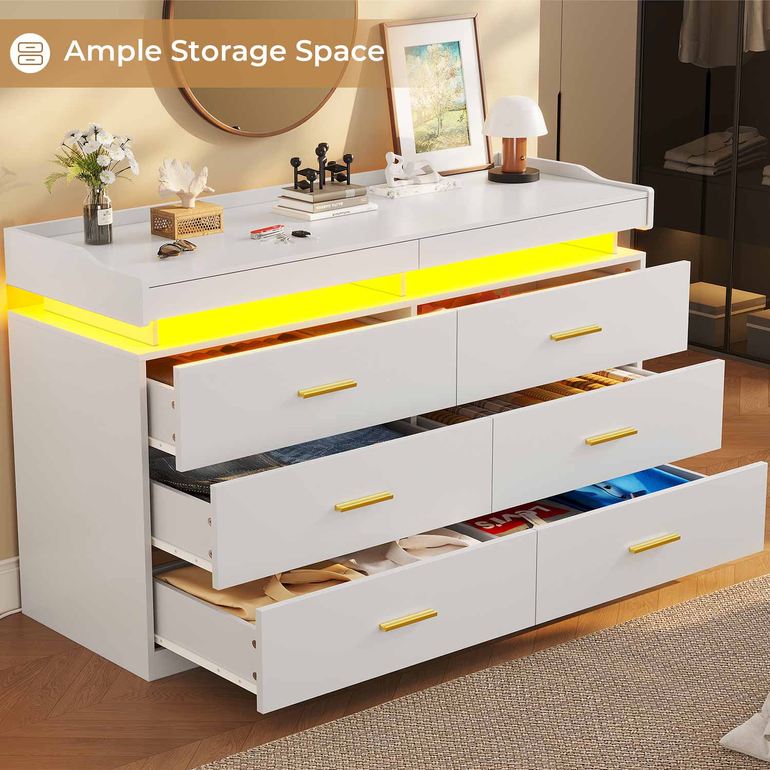 Hauoms Dresser White / Engineered Wood / Modern LED Dresser with 6 Drawers White