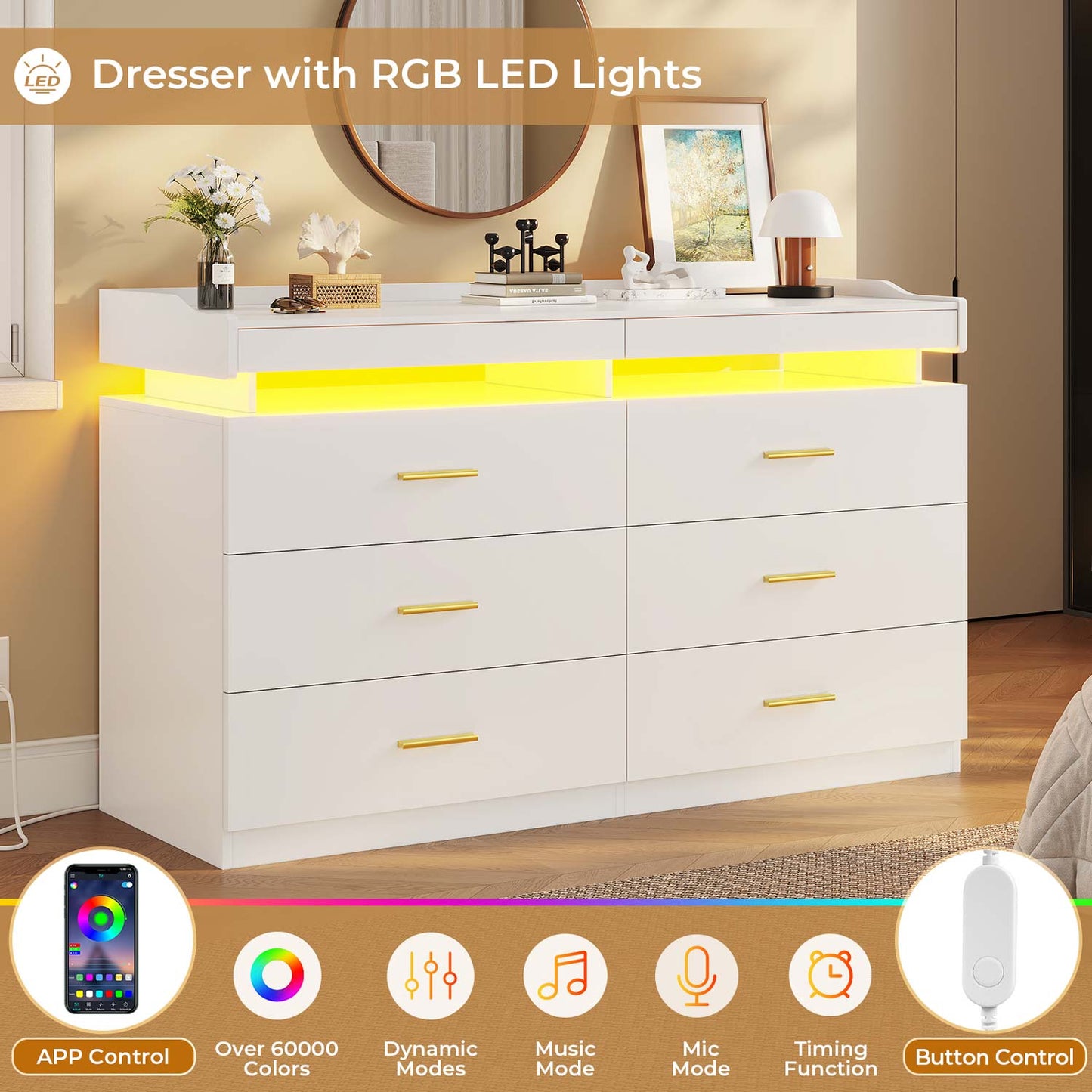 Hauoms Dresser White / Engineered Wood / Modern LED Dresser with 6 Drawers White