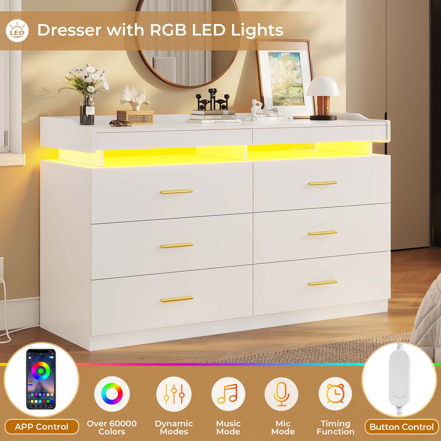 Hauoms Dresser White / Engineered Wood / Modern LED Dresser with 6 Drawers White