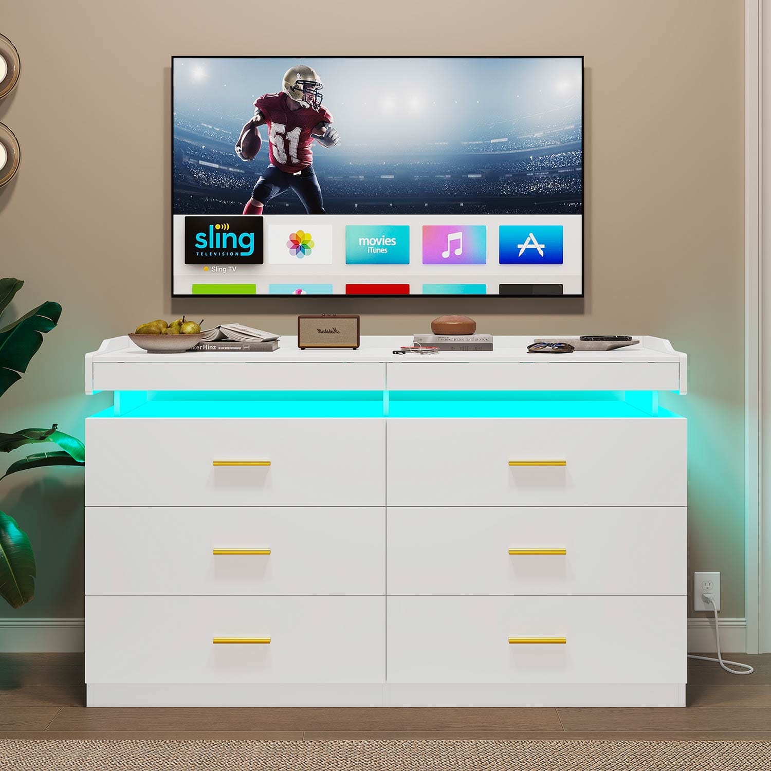 Hauoms Dresser White / Engineered Wood / Modern LED Dresser with 6 Drawers White
